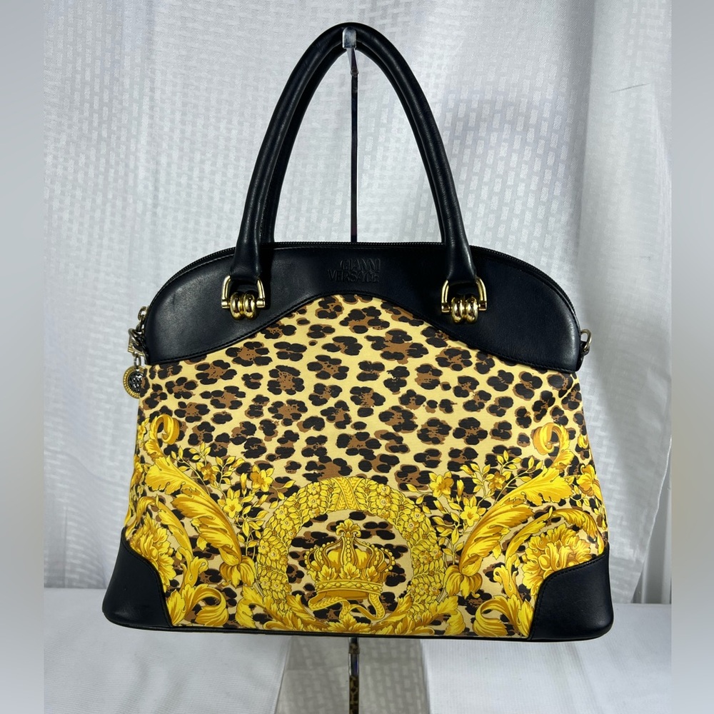 Title: Versace Baroque Leopard Satchel Handbag Black Gold